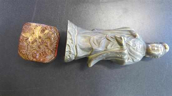 Appraisal: CHINESE CARVED STONE SEAL AND A BRONZE FIGURE OF GUAN