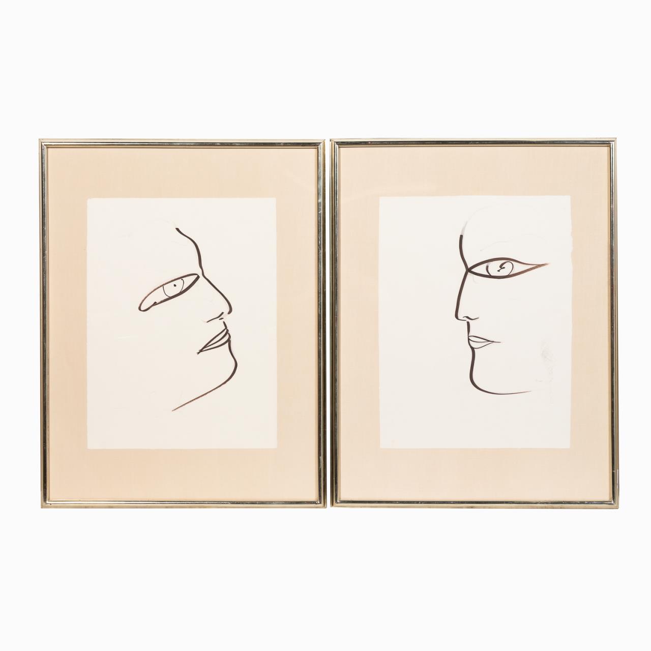 Appraisal: JAMALI PAIR OF MARKER DRAWINGS OF FACES FRAMED Jamali Pakistani