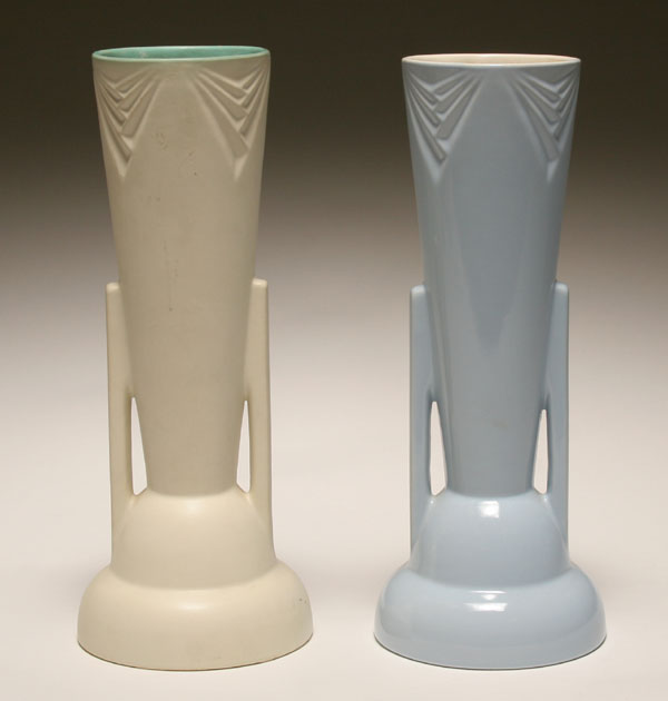 Appraisal: Two Coors pottery Art Deco handled vases Futura-style in white