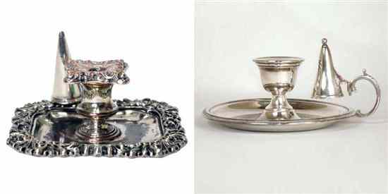 Appraisal: Two English Silverplate Chambersticks and Snuffers circa and the first