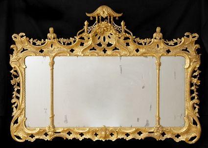 Appraisal: GEORGE III-STYLE GILTWOOD OVERMANTLE MIRROR The pagoda cresting above a