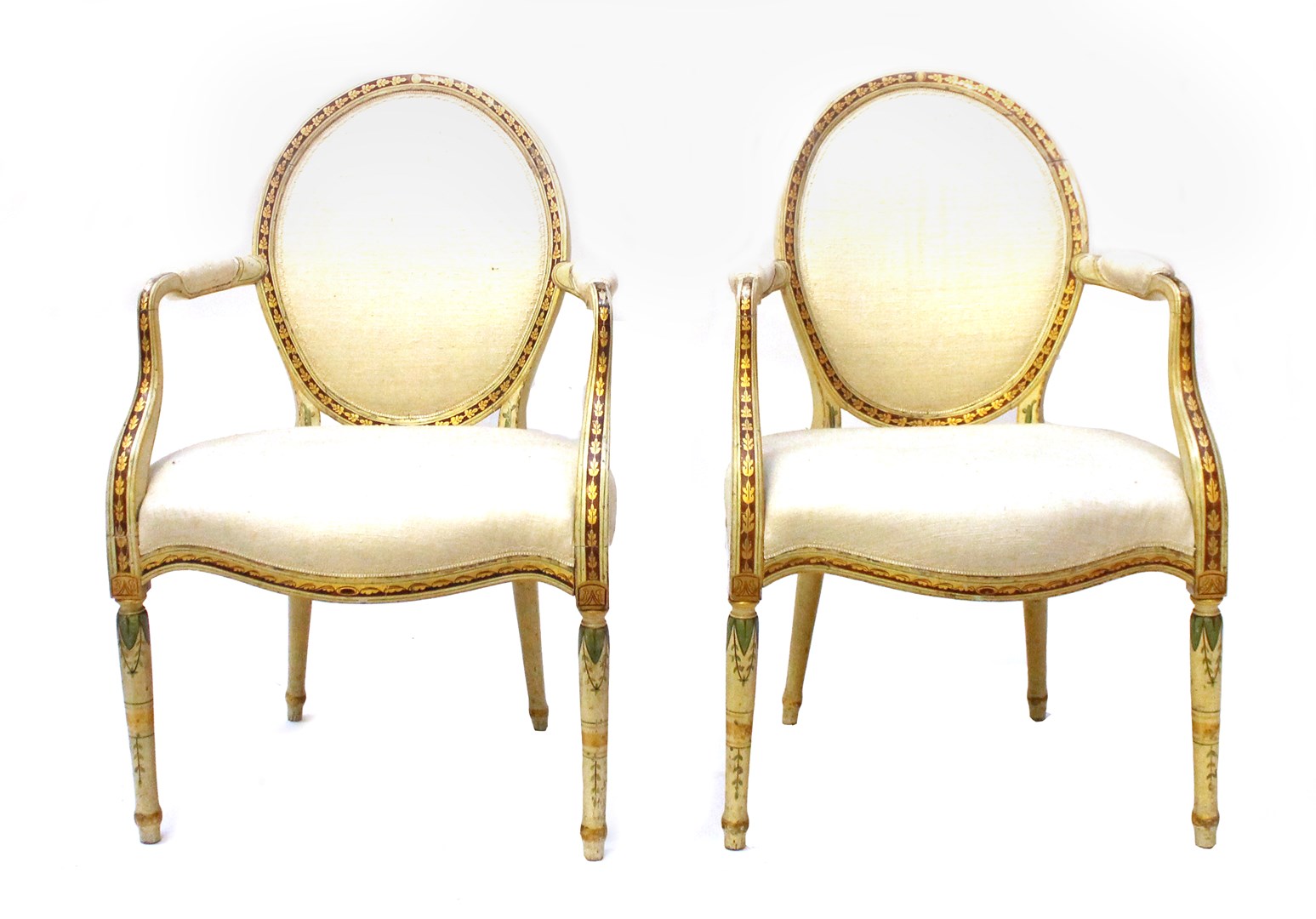 Appraisal: A pair of cream painted open armchairs c with gold