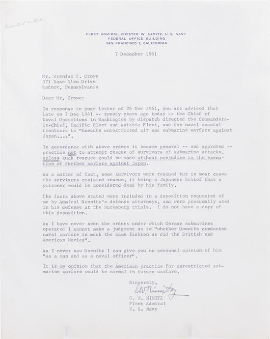 Appraisal: Autographed letter signed Admiral Chester Nimitz dated December addressed to