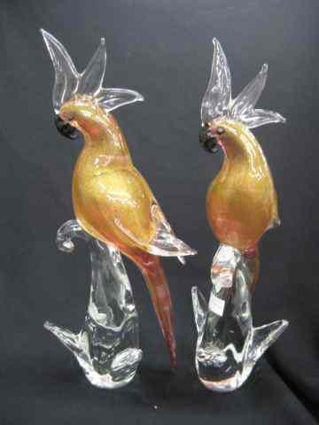 Appraisal: Pair of Murano Art Glass Bird Figurines cranberry gold on