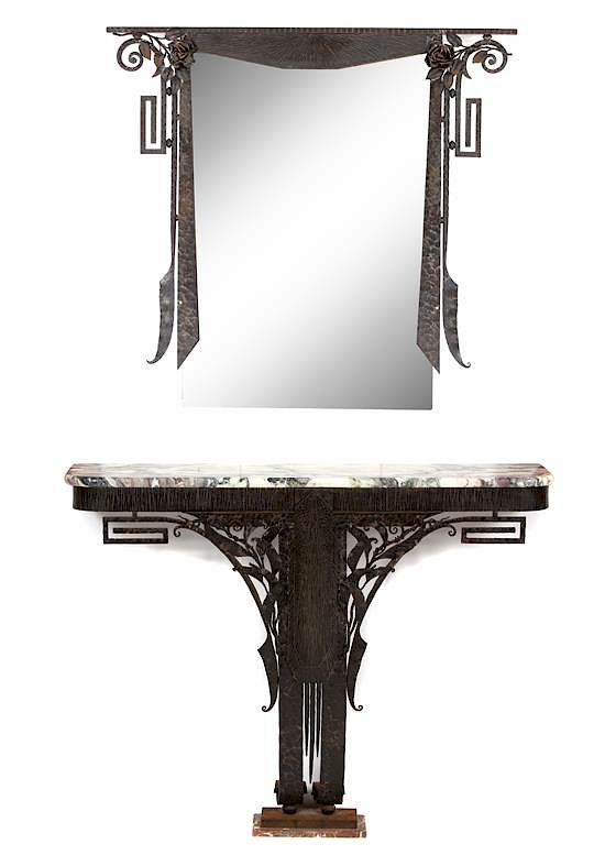 Appraisal: An Art Deco Iron Work and Marble Top Console Table