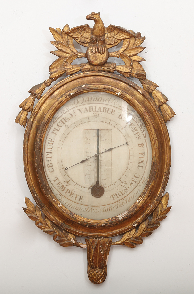 Appraisal: Louis XVI Style Carved Giltwood Thermometer Barometer The painted wood