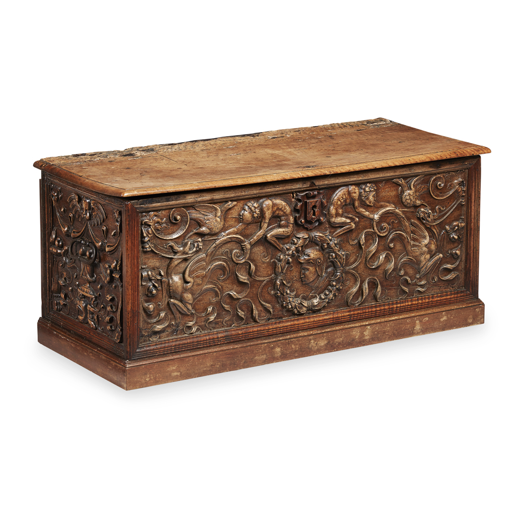 Appraisal: ITALIAN WALNUT CASSONNE TH CENTURY the rectangular hinged cover with