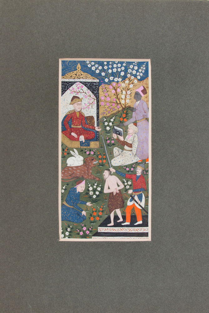 Appraisal: PERSIAN SCHOOL ILLUMINATED MANUSCRIPT Gouache with gold highlights on folded