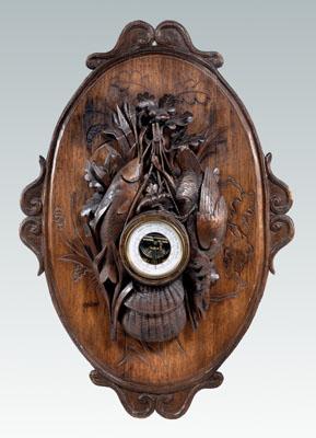 Appraisal: French barometer carved fruitwood with game birds and fish lobster