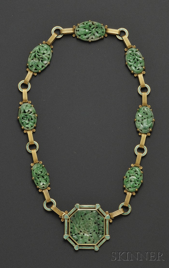 Appraisal: kt Gold Jadeite and Enamel Necklace Tiffany Co c s