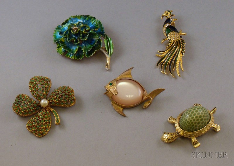 Appraisal: Five Costume Brooches including a Kenneth J Lane clover-form brooch