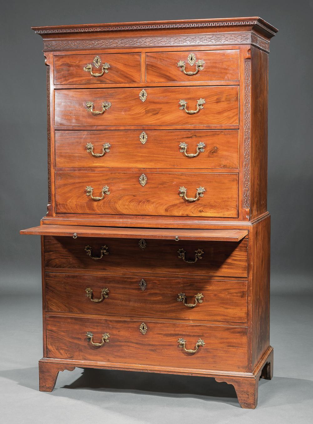 Appraisal: George III Carved Mahogany Chest-on-Chest early th c Greek key