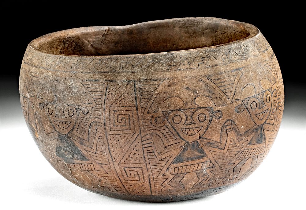 Appraisal: Chancay Pyro Engraved Gourd w Human Figures Pre-Columbian central coastal