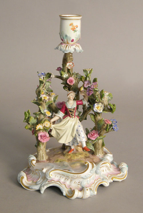 Appraisal: Meissen porcelain candleholder th c with woman h