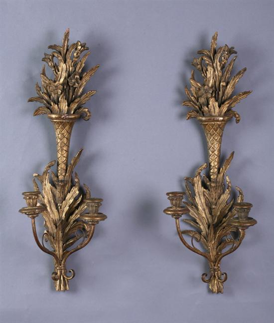 Appraisal: PAIR LOUIS XVI-STYLE CARVED GILT WOOD TWO-LIGHT SCONCES early th