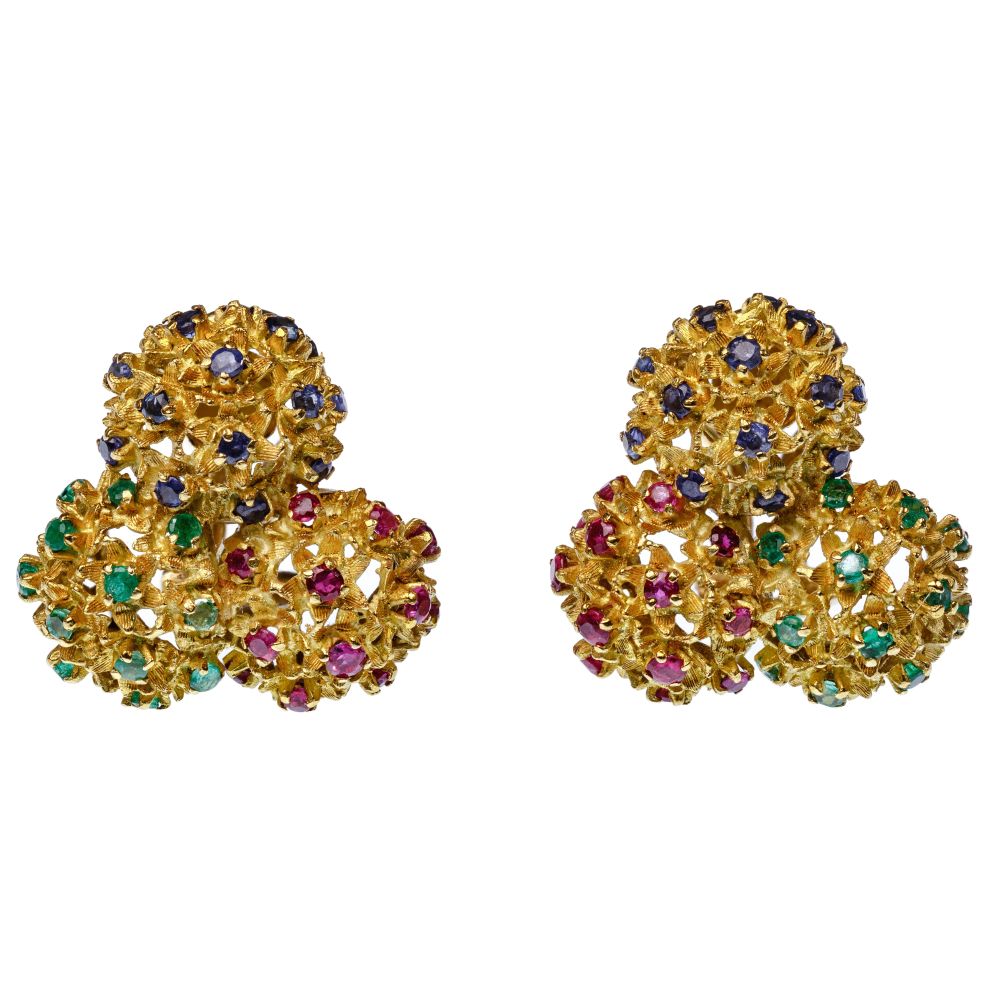 Appraisal: K YELLOW GOLD AND SEMI-PRECIOUS GEMSTONE CLIP EARRINGSPair having open