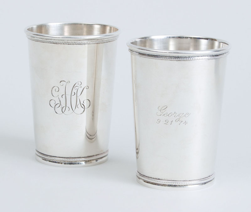 Appraisal: PAIR OF TIFFANY CO MONOGRAMMED SILVER JULEP CUPS Marked Tiffany