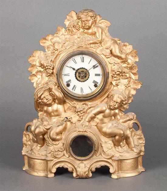 Appraisal: Rococo Revival gold painted spelter figural mantel clock fourth quarter-