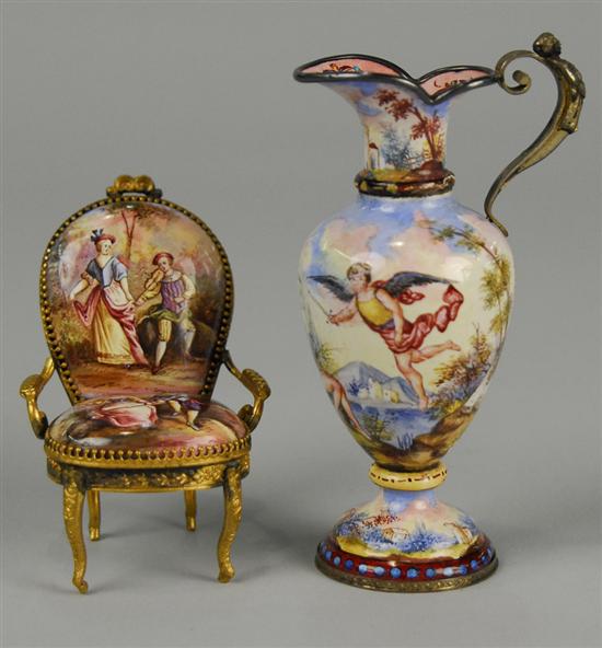 Appraisal: TWO MINIATURE VIENNESE PAINTED ENAMEL AND GILT METAL OBJECTS in