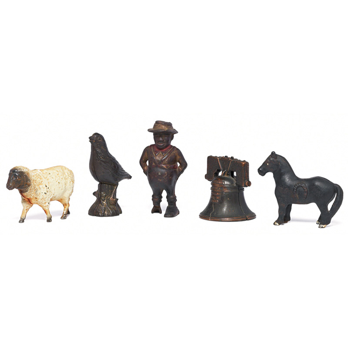 Appraisal: Americana banks five sheep bird man Liberty Bell and horse