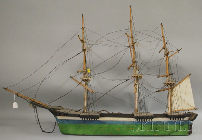 Appraisal: Folk Painted Wood and Wire Three-mast Sailing Ship Weather Vane