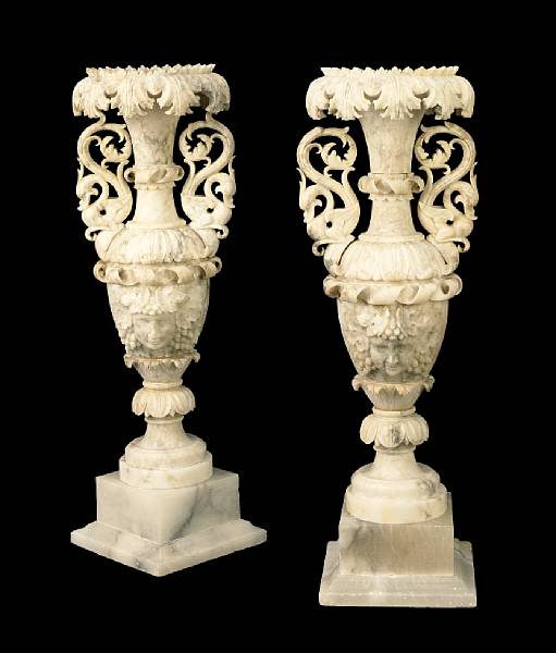 Appraisal: A pair of Italian carved alabaster urns early th century