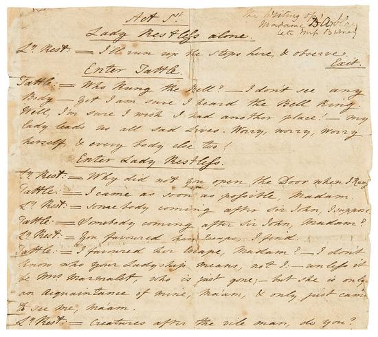 Appraisal: BURNEY Fanny - Autograph manuscript an adaptation of scenes from