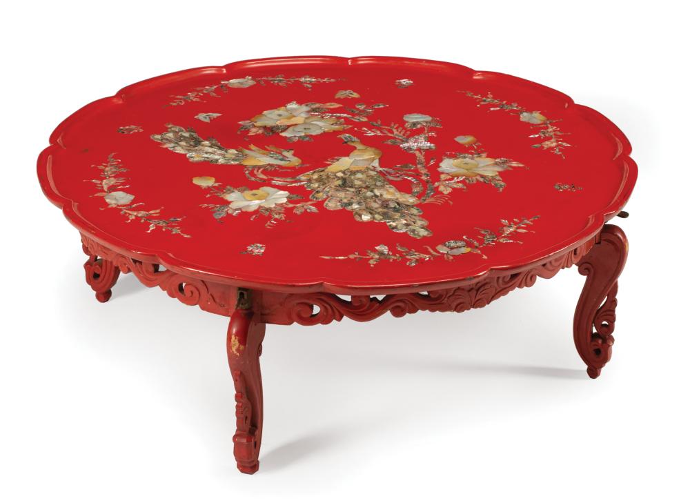 Appraisal: Asian Mother-of-Pearl Inlaid Red Lacquer Campaign Table shaped top with