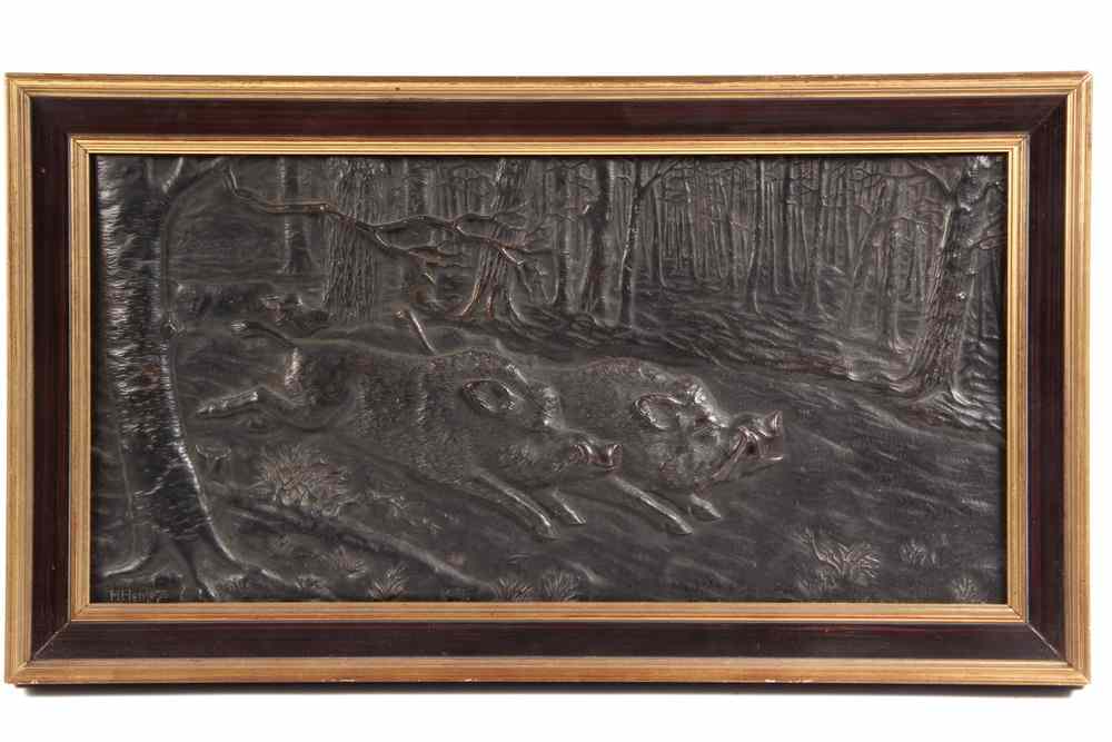 Appraisal: BRONZE BAS RELIEF PLAQUE - Running Boars in Deep Forest