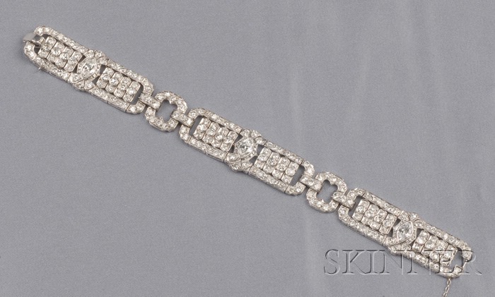 Appraisal: Art Deco Platinum and Diamond Bracelet set with three marquise-shape