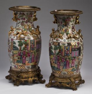 Appraisal: Pair of Chinese Rose Medallion vases on metal stands Pair