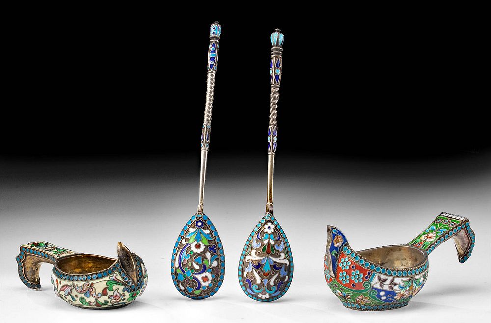 Appraisal: Two th C Russian Enameled Silver Kovshes Spoons Eastern Europe