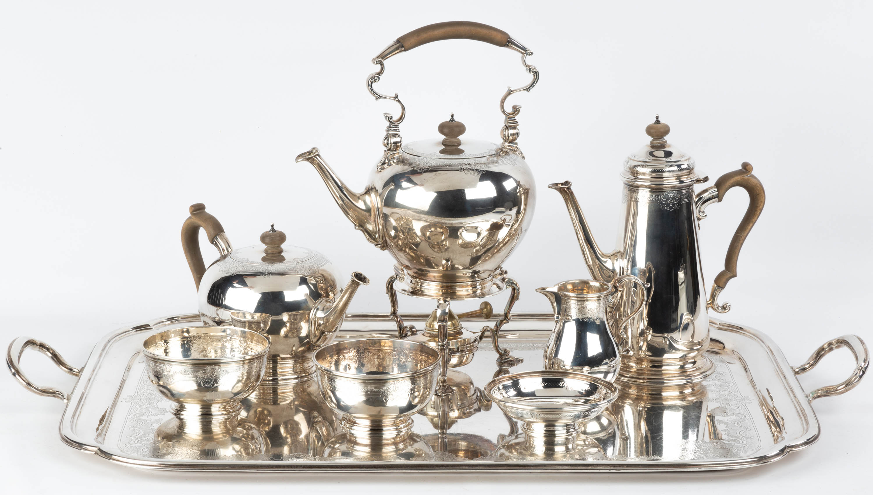 Appraisal: ASSEMBLED STERLING SILVER TEA SET LIONEL ALFRED CRICHTON hand chased