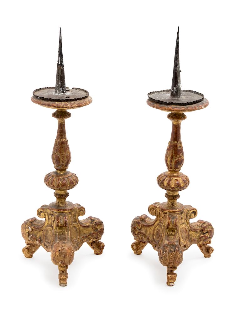 Appraisal: A Pair of Italian Giltwood Prickets A Pair of Italian