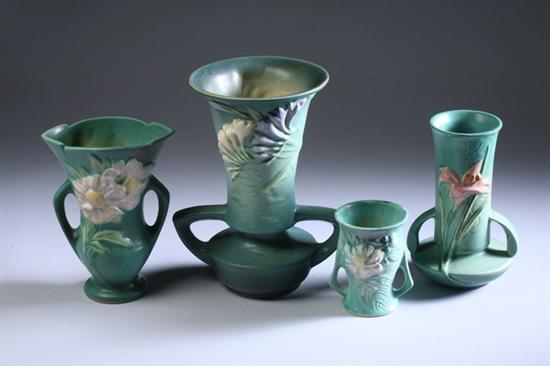 Appraisal: FOUR PIECES ROSEVILLE GREEN ART POTTERY Raised Roseville U S