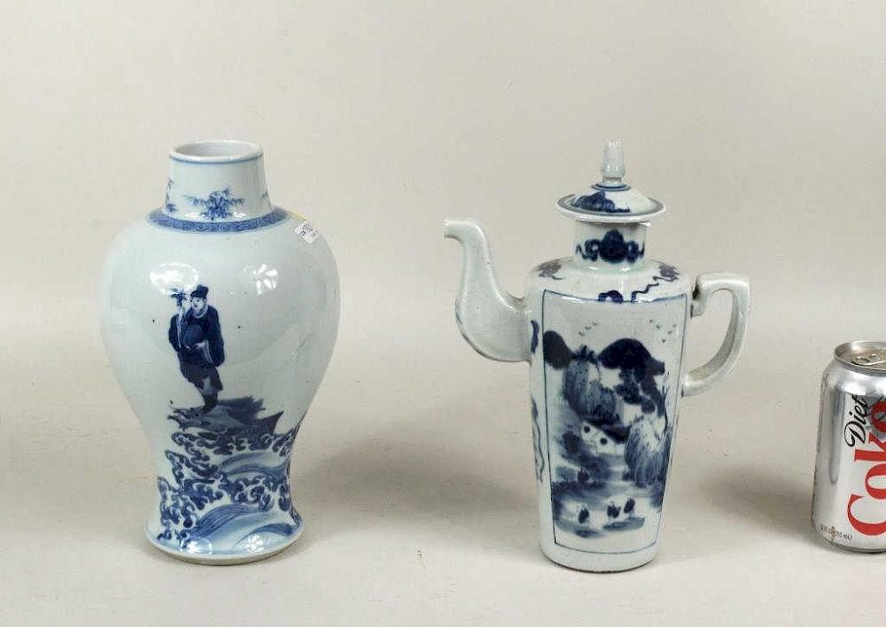 Appraisal: Chinese Qing Dynasty Blue White Porcelain Ware Two Chinese Qing