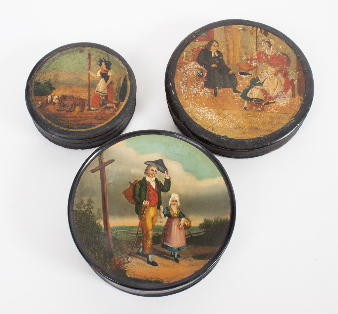 Appraisal: Three Regency painted papier-mache snuff boxes circa circular boxes each