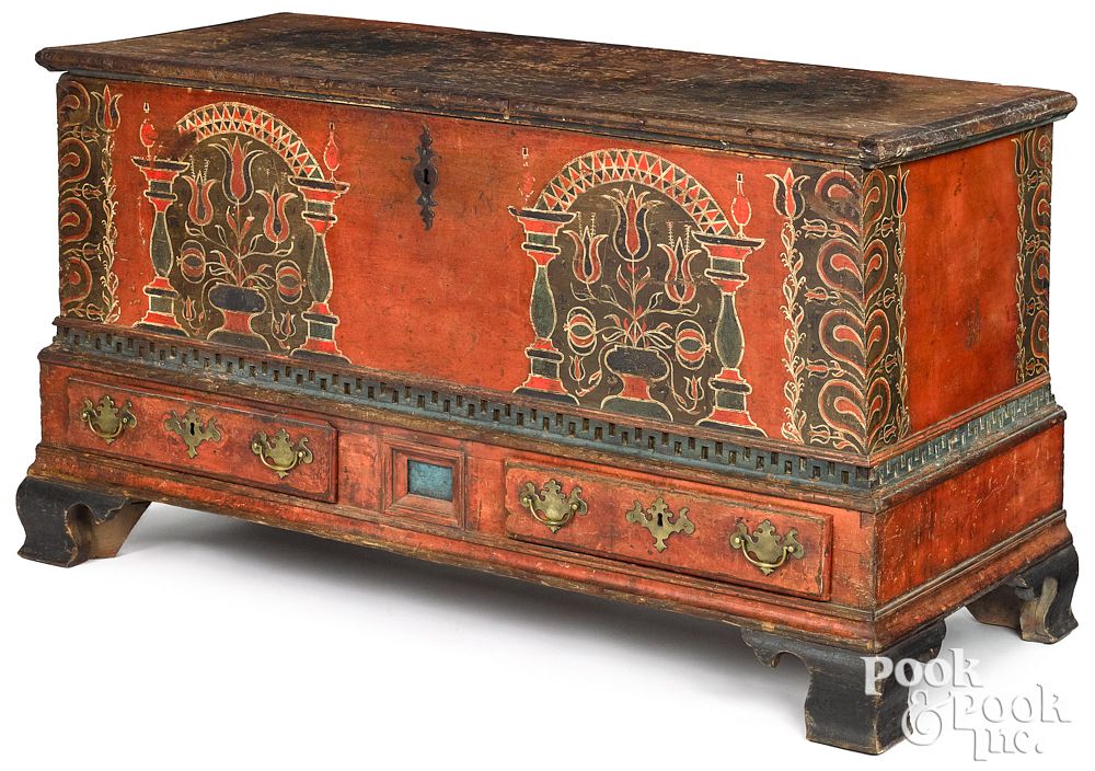 Appraisal: Pennsylvania painted poplar dower chest Berks County Pennsylvania painted poplar