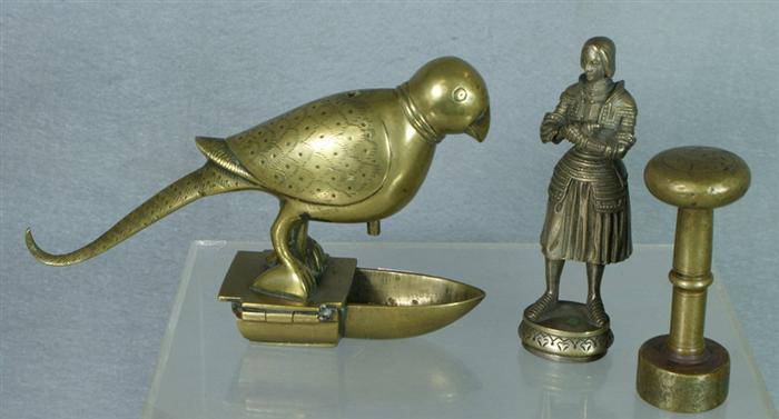 Appraisal: Bird form brass fat lamp with brass wax seals barbell