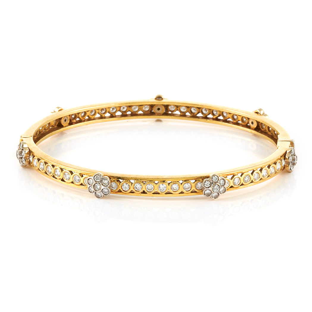 Appraisal: Gold and Diamond Bangle Bracelet kt diamonds ap cts ap