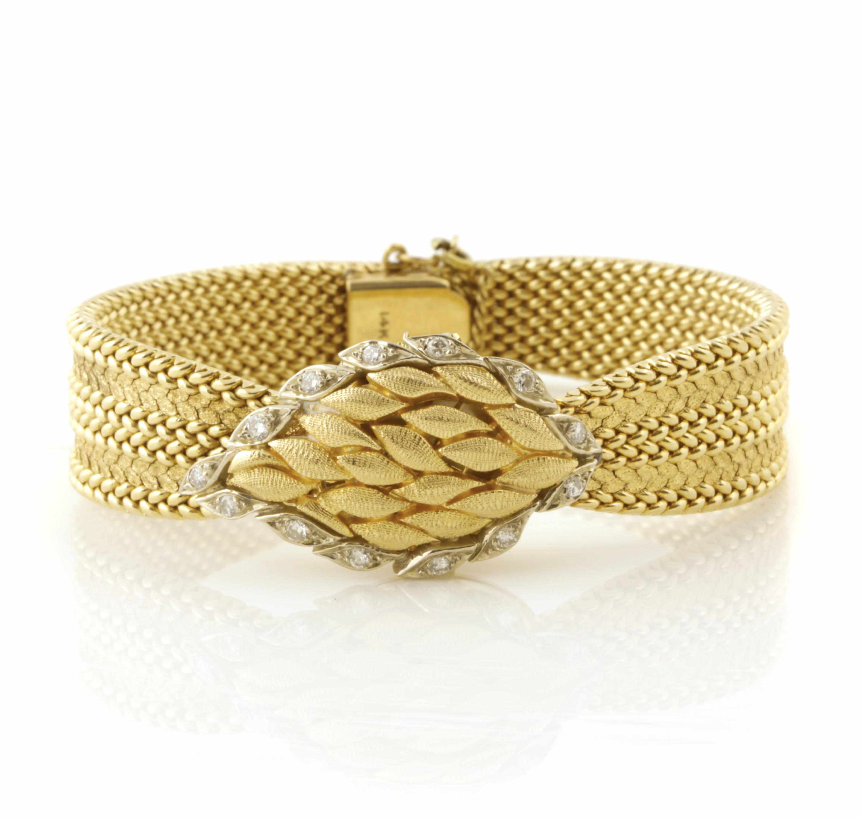 Appraisal: A diamond and k gold covered dial mesh bracelet wristwatch