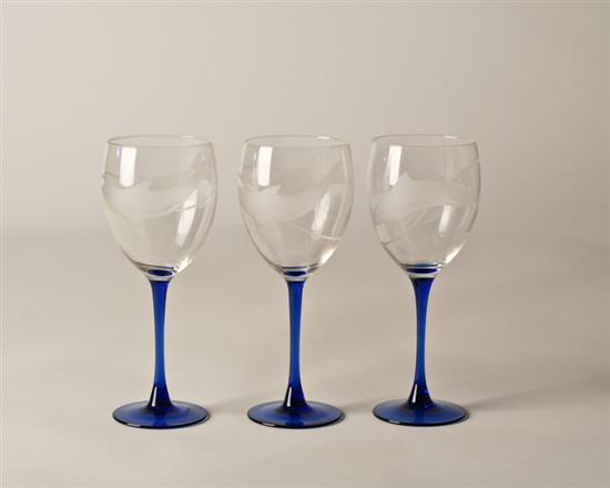 Appraisal: Etched Wine Glasses with dolphin motif blue stems signed high