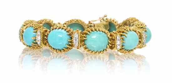 Appraisal: An Karat Yellow Gold Turquoise and Diamond Bracelet Le Triomphe