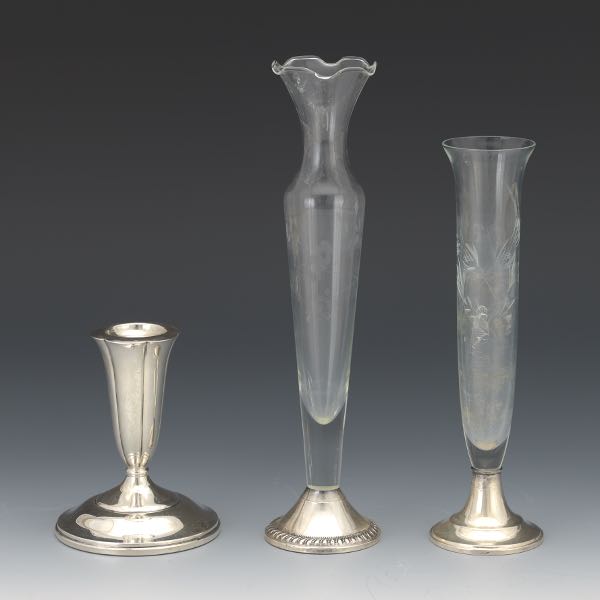 Appraisal: TWO STERLING AND GLASS BUD VASES AND A CANDLEHOLDER Two