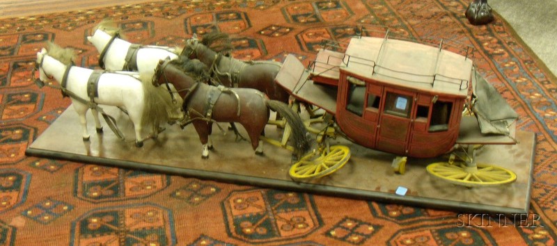 Appraisal: Folk Carved and Painted Wooden Coach with Four Horses damage