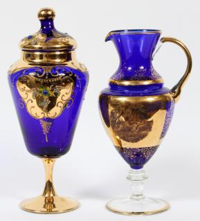 Appraisal: BOHEMIAN COBALT GLASS EWER AND URN PIECES BOHEMIAN COBALT GLASS