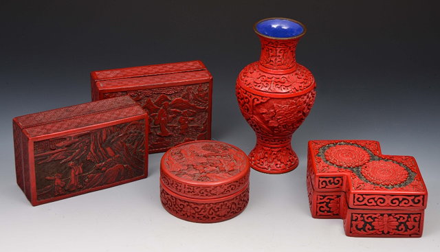 Appraisal: Two Chinese cinnabar lacquer rectangular small boxesand a circular cinnabar