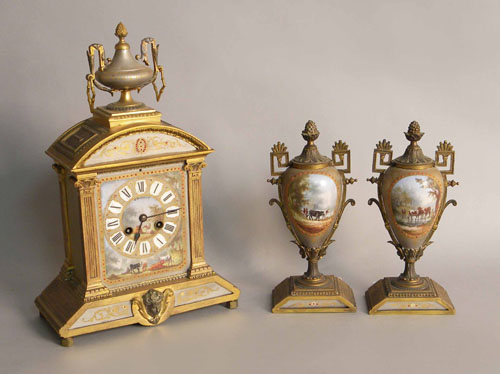 Appraisal: Gilt metal and painted porcelain clock garniture set h late