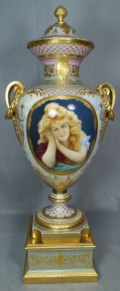 Appraisal: Vienna porcelain double sided handled portrait urn with lid one