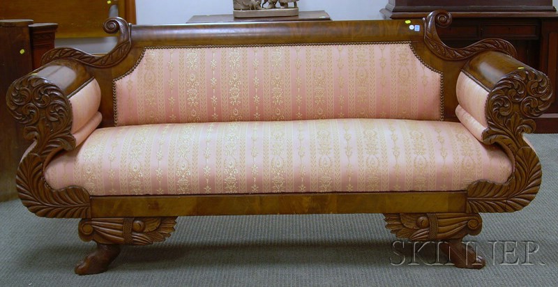 Appraisal: Empire-style Damask Upholstered Carved Mahogany and Mahogany Veneer Sofa approx